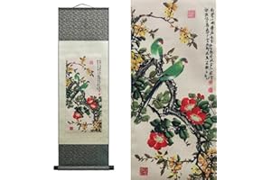 Valart Silk Scroll Painting Asian Wall Decor 4 Color Flower bird - Parrot Thrush Magpie Starling - Green Parrot Beautiful Chinese Art Wall Scroll Hanging Painting Scroll Oriental Decor 39 x 12 in