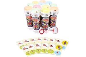 Anila's 12 Superhero Themed Bubble Tubs with Wand & 12 Anila's Superhero Sticker sheets for Party Bag Fillers and Party Favours for Children - (Ideal for Children Aged 3-8)