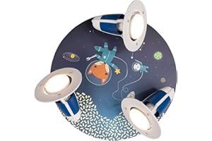 ‎ELOBRA Elobra Deckenlampe Astronauten, Weltraum, Weltall Tiere Kinderzimmer Wandlampe Kinderlampe, Rondell mit 3 schwenkbaren Spots, Blau, Mädchen und Jungen, mit E14 Fassung