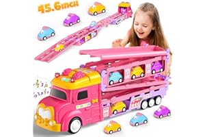 Hot Bee Jouet de Camion Rose pour Fille 2 3 4 5 6 Ans - Ensemble de Transport avec 6 Mini-Voitures et Piste de Course - Cadeau Éducatif et Interactif pour Enfants - Idéal pour Anniversaire ou Noël