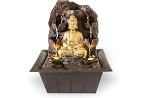 LEMODO Zimmerbrunnen Goldener Buddha mit LED-Beleuchtung | Tischbrunnen mit Wasserfall | dekorativer Zierbrunnen in Felsenoptik | Zen Wohlfühlbrunnen für Zuhause