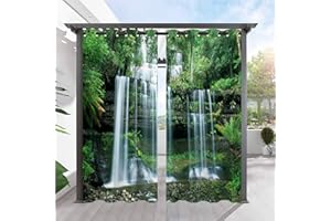 ANHOPE Outdoor Curtains Waterproof Eyelet Ring Top Drapes Nature Landscape Forest Waterfall Print Pattern Privacy Outside Curtains for Garden Patio Gazebo Pergola Porch Pool 2 Panels 52 x 108 Inch