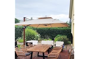 PURPLE LEAF Alu Sonnenschirm Groß Ampelschirm 330 x 330 cm Holzoptik Doppeldach Gartenschirm mit Kurbel 360° Drehbar XXL, Sonnenschutz UV50+, Beige