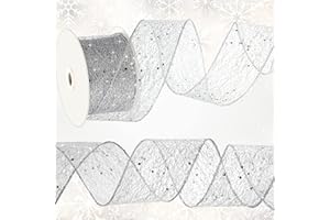 GEOSAR Cinta de Malla Cinta Brillante Navideño Cinta de Alambre Brillante Cinta de Malla de Navidad para Hogar Árbol de Navidad Envoltura Artesanía DIY 2,5 Pulgadas x 25 Yardas (Plata)