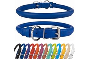 CollarDirect Rolled Leather Dog Collar, Soft Padded Round Puppy Collar, Handmade Genuine Leather Collar Dog Small Large Cat Collars Black Pink Red Purple Blue (Fits 15"-18" Neck, Dark Blue)