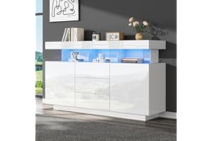 ‎LANTRO JS LANTRO JS Sideboard Wohnzimmer, Sideboard Weiss Hochglanz mit 16-farbigem Lichtstreifen, kommode geeignet für Esszimmer und Flur, 140x35x80cm, Weiß