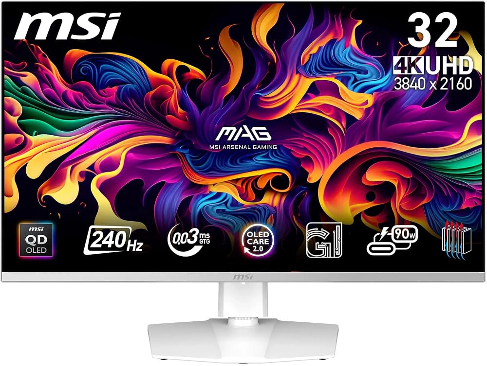 MSI 31.5" MPG 321URXW QD-OLED, Gaming Monitör, UHD, 16:9, Flat, QD-OLED, 240Hz, 0.03ms, G-SYNC Compatible, Beyaz
