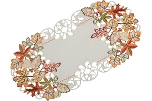 QUINNYSHOP Herbst Tischläufer Tischdecke Weiß gestickt mit bunten Blätter Mitteldecke Deckchen (ca. 35 x 70 cm Oval)