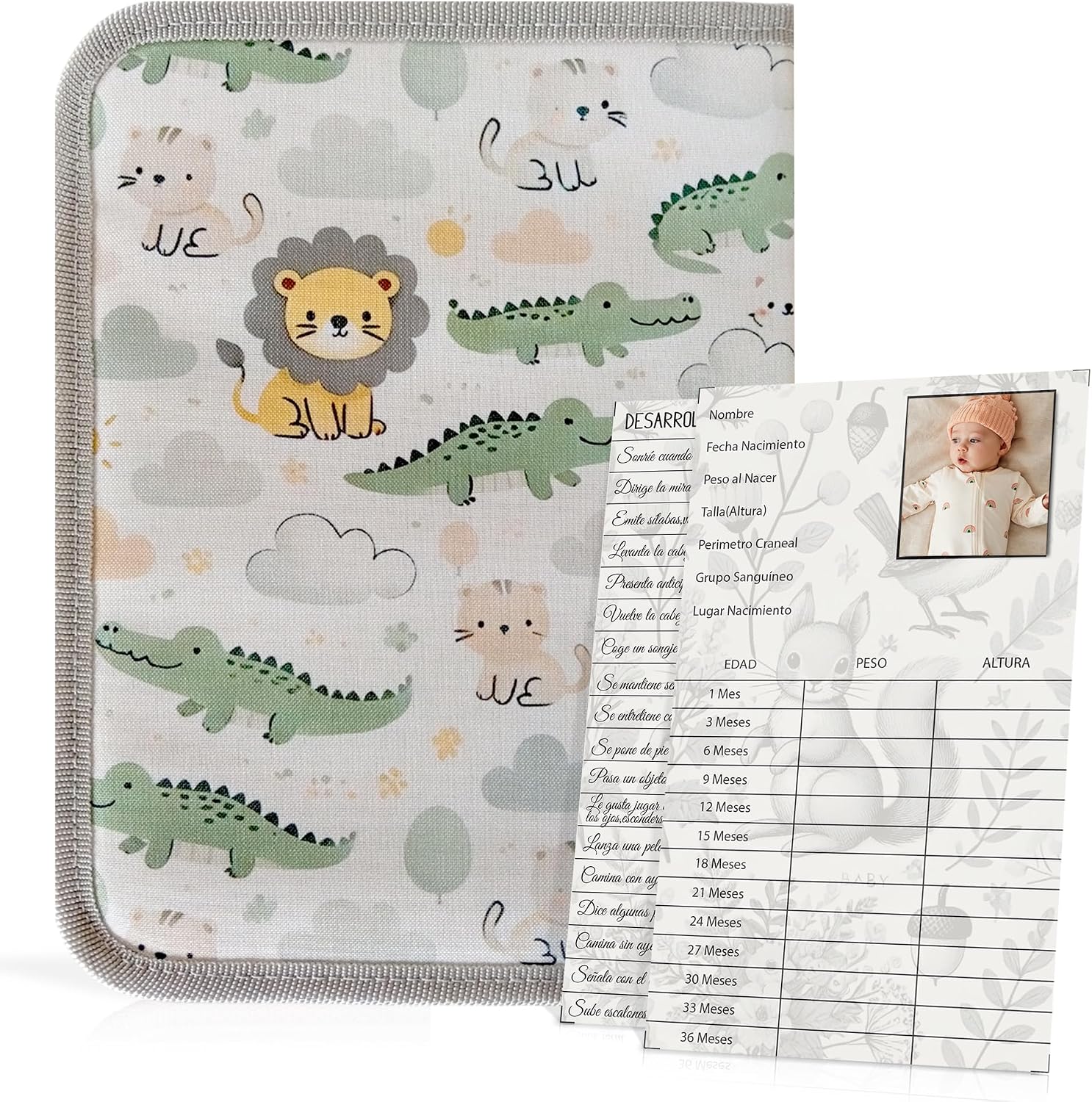 Portadocumentos Bebé para Cartilla Sanitaria con Tarjetas de Crecimiento y Primeros Logros, Carpeta y Porta Documentos Bebé, Funda Libro de Salud, Regalo para Baby Showers