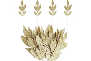 Laelfe 12 Pcs Artificiali Oro Glitter Natale Foglie Oro Natale Picks Xmas Foglie Oro Artificiale Stem Floreale Rami per di Natale Corona Decorazioni