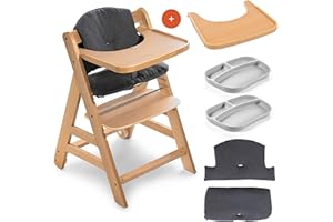 hauck Seggiolone Set Alpha+ Move - Seggiolone Pappa Legno con Ruote - Sediolone Pappa Bimbi con Vassoio e Cuscino - Sedia Evolutiva con 2 Piatti in Silicone - Carbone/Legno