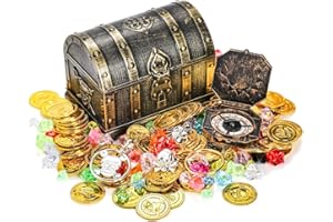 Bekith 207 Pieces Pirate Treasure Chest Toy Box Antique Color with 100 Colorful Gems 100 Plastic Gold Coins 4 Earrings 2 Rings 1 Compass for Boy Girl Halloween Pirate Themed Party Favors