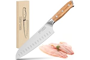 Moritz & Moritz Cuchillo Santoku 18cm - Cuchillo Cocina Profesional con Hoja Extra Afilada - Cuchillo de Cocina de Estilo Japonés para Carne, Sushi, etc. - Mango Madera de Acacia