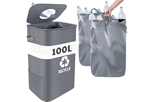 BITIWEND Contenedor para Botellas con 2 Bolsas Interiores, Contenedor de Reciclaje de Botellas, Cubo de 100L con Tapa, Contenedor para Botellas de Cocina, Impermeable/con Asa/Fácil de Montar, Gris