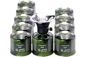 CAMPLORA Gasspis med 10 gaspatroner och piezotändning för skruvpatron camping eller backpacking, liten campingkök mini, 1 lam
