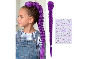 66 cm lång lila fläta hästsvansförlängningar försträckta, syntetiska fiberklämmor lila flätor för cosplay peruk halloween kos