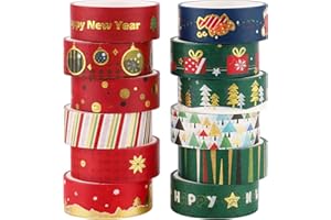 GLAITC Nastro Adesivo Washi Natalizio,12 Rotoli Nastro Adesivo Washi in Lamina D'oro Nastro Adesivo Decorativo Autoadesivo Nastro Washi Natalizio per Decorazioni Natalizie Confezioni Regalo,15 mm x 3 m