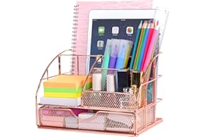 POPRUN Organizer na biurko w kolorze różowego złota, organizer na biurko, metalowy organizer na artykuły papiernicze z uchwytem na długopis i szufladą, do biura, szkoły i klasy