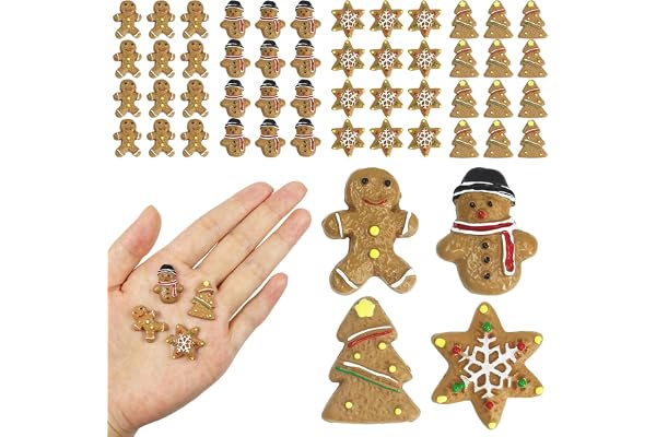 Booaee Tomtetillbehör jul, 48 stycken miniatyrfigurer dekoration med pepparkaksgubbe, snögubbe, stjärnor, julgran, djurfigur