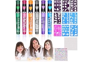 Colmanda Tattoo Stifte Kinder 6 Glitzer Farben, Glitzer Tattoo Gelstifte mit 9 Schablonen + Gesicht edelstein, für Jungen Mädchen Halloween Party Verkleiden