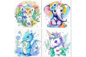 NAIMOER Pittura con numeri incorniciati per bambini, confezione da 4 pezzi, tela da dipingere con i numeri, per bambini e adulti, pittura a olio acrilica fai da te, con cavalletto in legno e velcro