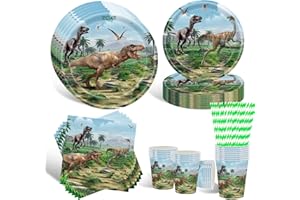 HFBOBP Geburtstagsdeko Partygeschirr Set, 16 Gäste Dinosaurier Teller Set, Partygeschirr Set Mit Pappteller Und Becher Servietten Kindergeburtstag Partyzubehör für Geburtstag Deko Junge Mädchen Motto Party