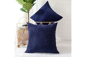 MERNETTE Pack of 2, Corduroy Soft Decorative Square Throw Pillow Cover Cushion Covers Pillowcase, Home Decor Decorations For Sofa Couch Bed Chair 18x18 Inch/45x45 cm (Striped Dark Blue)