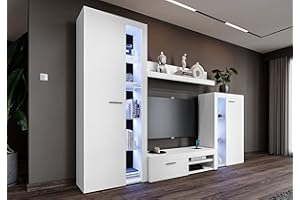 Furnix Wohnwand RIVAY Mediawand Weiß Wohnzimmer 4-tlg Komplett-Set mit LED - TV Lowboard, Highboard Vitrine, Wandregal - Modern Freistehend - B 270 x H 190 x T 40,2 cm, Farbe Weiß