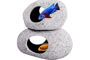 SpringSmart Cueva de rocas para escondite de acuario de 2 piezas para peces pequeños para reproducir, jugar, descansar, material cerámico seguro decoración de peces, bonito hogar para Betta