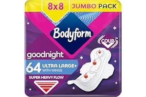 Bodyform Ultra Goodnight Sanitary Towels with Wings, 64 (8 x 8 Packs) Period Pads for Night use, SecureFit Leakage Protection, Ultra-Breathable Top Layer