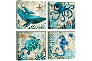 Artscope Stampe e Quadri su Tela 4 pz. Vita Marina Blu Immagine Fotografia Murale Tela Wall Art Bel Regalo per Home Decor Ristorante Cucina Regalo di Anniversario Compleanno 30x30CM