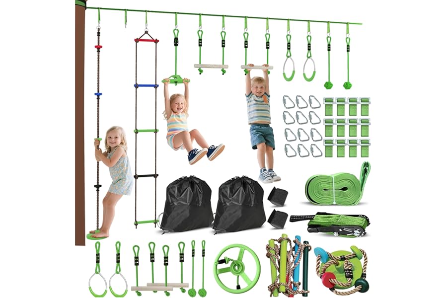 AIYAPLAY Obstacle Course for Kids, 32.8ft 10 Piece Zip Line Stackline for Kids, with 2 Monkey Bars, 2 Gym Rings, Rope Ladder, Nest Swing, Tree Protector, 2 Bags, Hanging Tray, 2 Rope Knots