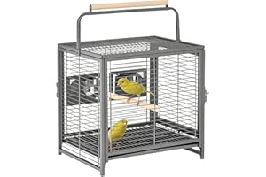 Pawhut Metal Parrot Cage Bird Carrier Travel Wooden Perch Cup Holder Handle Black