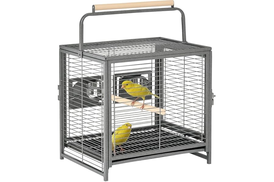 Pawhut Metal Parrot Cage Bird Carrier Travel Wooden Perch Cup Holder Handle Black