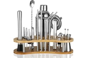 Leseed 19 Pozycji Zestaw do Koktajli, 750 Ml Zestaw do Koktajli ze Stali Nierdzewnej z Drewnianym Stojakiem i Książką Kucharską do Koktajli, Zestaw do Mieszania Koktajli, Prezent dla Mężczyzn, Kobiet