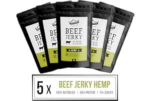 ‎CRAFTSMAN FINEST FOODS Craftsman Beef Jerky Hemp | 5 x 50 g = 250g | 100% Natürlich | Ohne Zucker | Trockenfleisch aus Deutschland - Bayern | Weiderind | 68% High Protein | mit Hanfsamen