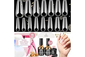 BEETLES GEL POLISH Beetles - Set di 600 punte lunghe per unghie in gel con top coat rosa, 15 misure, morbide e trasparenti, 5 in 1