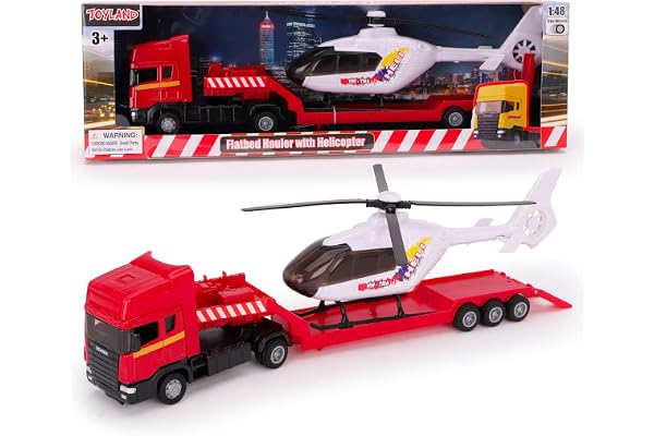 Toyland® - Transporteur à Plat Scania avec hélicoptère - Échelle 1:48 - Roue Libre - Jouets pour véhicules de Transport.