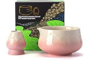 TEANAGOO Matcha Bowl with Spout,2-Pcs Fuji Design Ceramic Bowl and Whisk Holder(chawan),18.9oz/560ml Pink Matcha Bowl with Stand, Gift Set for Friend/Family