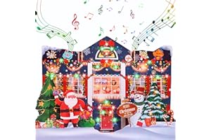 WUJUN 3D Pop Up Christmas Cards with Music & Lights, Animated Christmas Card, Playing 3 Songs with 3 Matching Lights Blinking Modes,Greeting Card Christmas House (Blue)