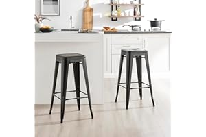 Furniturebox UK Colton 2x Black Metal Bar Stools for Kitchen Or Dining Room Tolix Inspired Design Steel Powder Coated Stackable Lightweight Mid Century Bistro Cafe Industrial Stool Set of 2
