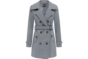 Wantdo Femme Manteaux en Laine Mélangée à Double Boutonnage Manteau Femme Hiver Chic Manteau Chaud Mi-Long Épaulette Manteau Mince avec Ceinture