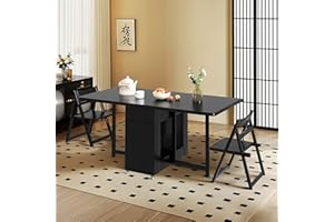 Hearthform Folding Table and 2 Chairs Set with 2 Drawers & Castors, 130CM Solid Wood Extendable Desk for Small Spaces, Kitchen, Diner & Compact Living, Black (130CM Dining table+2 chairs)