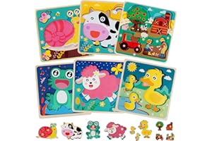 SHUCHING 6 Pcs Wooden Peg Puzzles, Animal Puzzles for Toddlers, Montessori Big Knob Puzzle Boards, Preschool Learning Educational Toys, Fine Motor Skills, Ideal for Girls & Boys