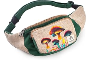 FREAKMANDU COLLECTIONS Freakmandu Unisex Hemp Waist Bag - Fanny Packs, Waist Belt Bag for Hanging, Boho Hippie Style, Handmade Waist Bags for Hiking, Running, Jogging, Men and Women, Mushroom, Hip pockets
