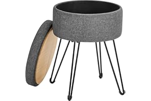 SONGMICS Puff, Baul, Banco Almacenaje Redondo, Taburete de Tocador, 39 x 44,1 cm, 4 Patas de Metal, Asiento Acolchado, Pizarra LOM002G01, Madera de ingeniería, Gris Oscuro, 31x31x43cm