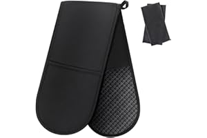 Philorn Black Double Oven Mitts，Heat Resistant 260℃ Waterproof Silicone Glove Kitchen Gloves Oven Extra Long Oven Mitts with Non-Slip Silicone Surface for Baking, Cooking, BBQ