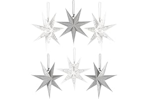 ‎BRUBAKER BRUBAKER 6 Papierowych Gwiazdek Świątecznych - Zestaw Dekoracji Świątecznych - Duże Papierowe Gwiazdki do Dekoracji Choinki - Dekoracja Choinki i Okien - 20 cm Składane Gwiazdki Srebrno Białe