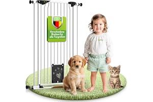 BOMI Tierschutzgitter Mira | Türschutzgitter mit Katzenklappe | Ideales Absperrgitter Hund, Katzengitter Tür & Welpen Zubehör | Hundegitter Wohnung weiß Metall | Breite: 83-93 cm