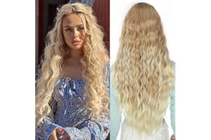 PORSMEER Długie falowane peruki dla kobiet, część środkowa, puszyste kręcone peruki, naturalnie wyglądające, syntetyczne peruki z włókien odpornych na wysokie temperatury, na co dzień na imprezę